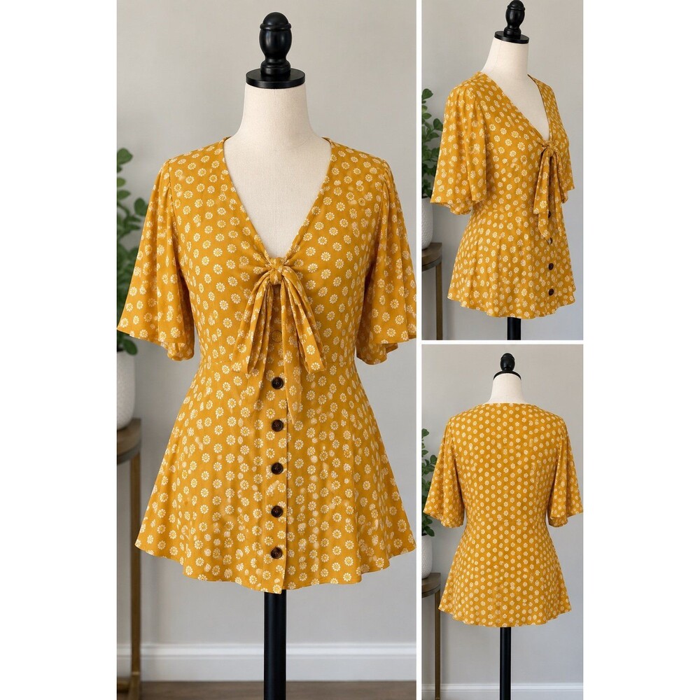 Rip Curl Women’s Floral Tie-Front dress/tunic Mustard Yellow Size S